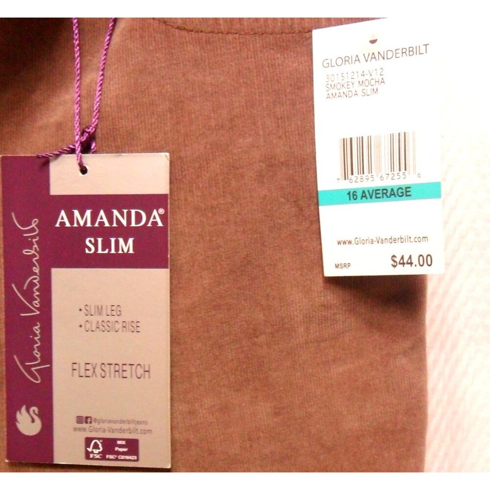 NWT Gloria Vanderbilt Amanda Slim Leg Jeans Smokey Mocha Size 16 Average Flex St - Picture 3 of 11
